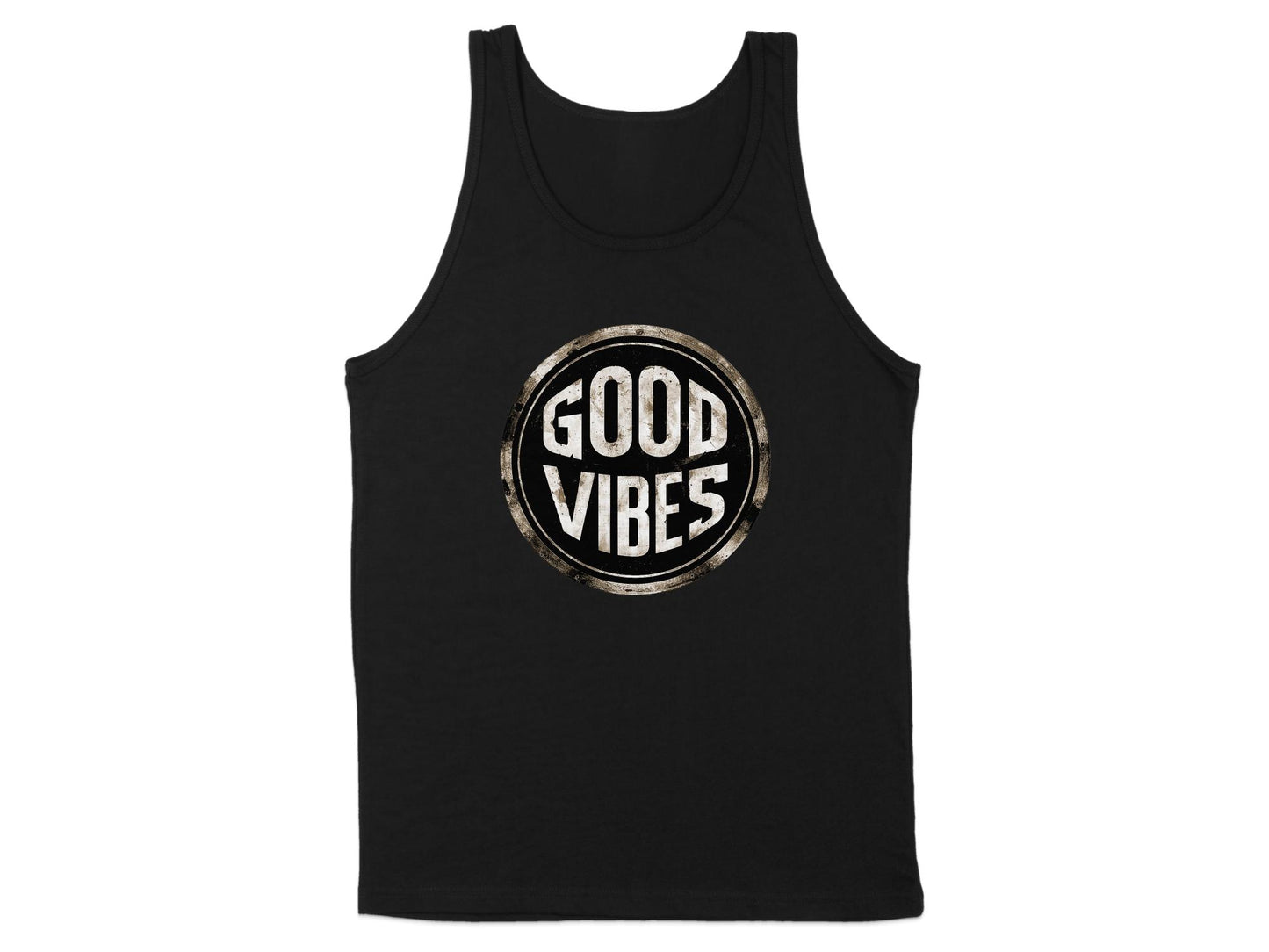 Black Good Vibes Sleeveless Top, sleeveless with scoop neck, soft cotton fabric, and unisex sizing for casual style.