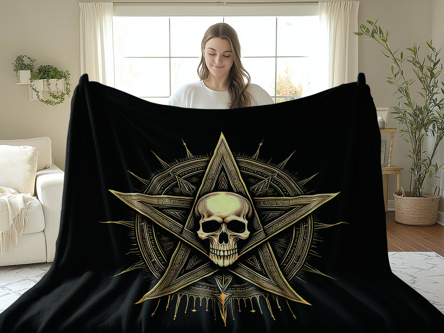 50x60 inch Gothic Skull Pentagram Arctic Fleece Blanket, ultra-soft fleece with a dramatic skull and pentagram print.