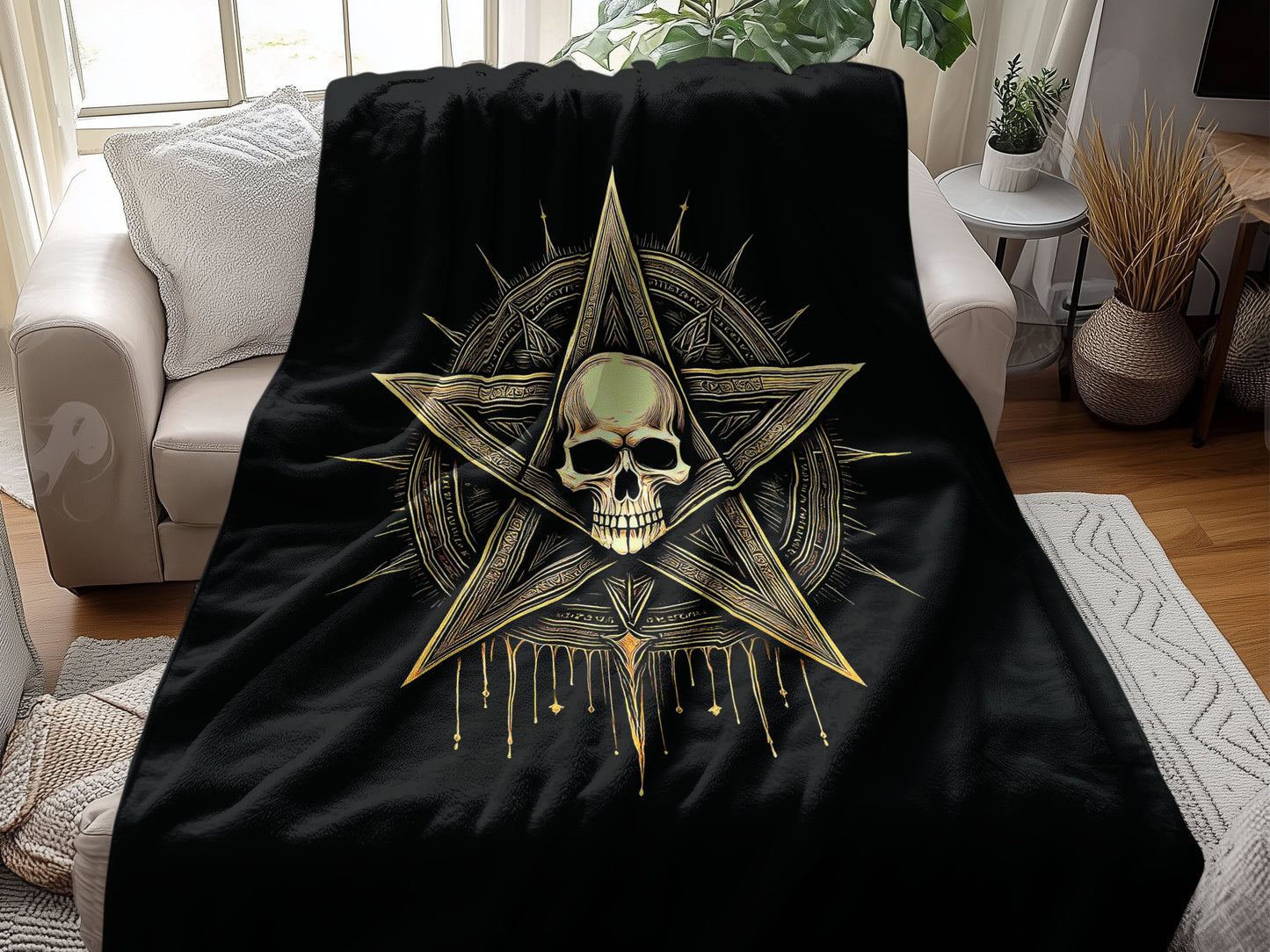 Transform your space with the 60x80 inch Gothic Skull Pentagram Arctic Fleece Blanket, featuring a dark, mystical design.