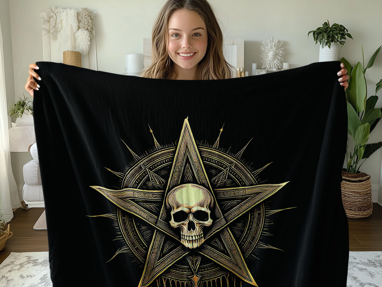 50x60 inch Gothic Skull Pentagram Arctic Fleece Blanket, ultra-soft fleece with a dramatic skull and pentagram print.
