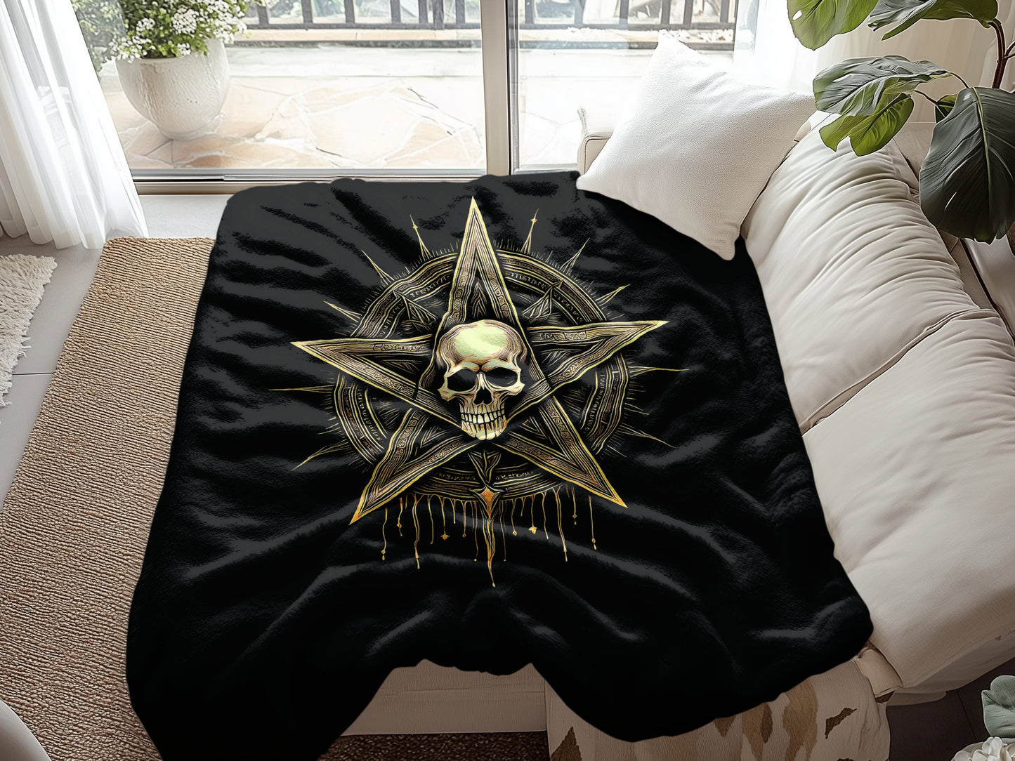 Embrace dark elegance with the Gothic Skull Pentagram Arctic Fleece Blanket, showcasing a bold skull and pentagram design.