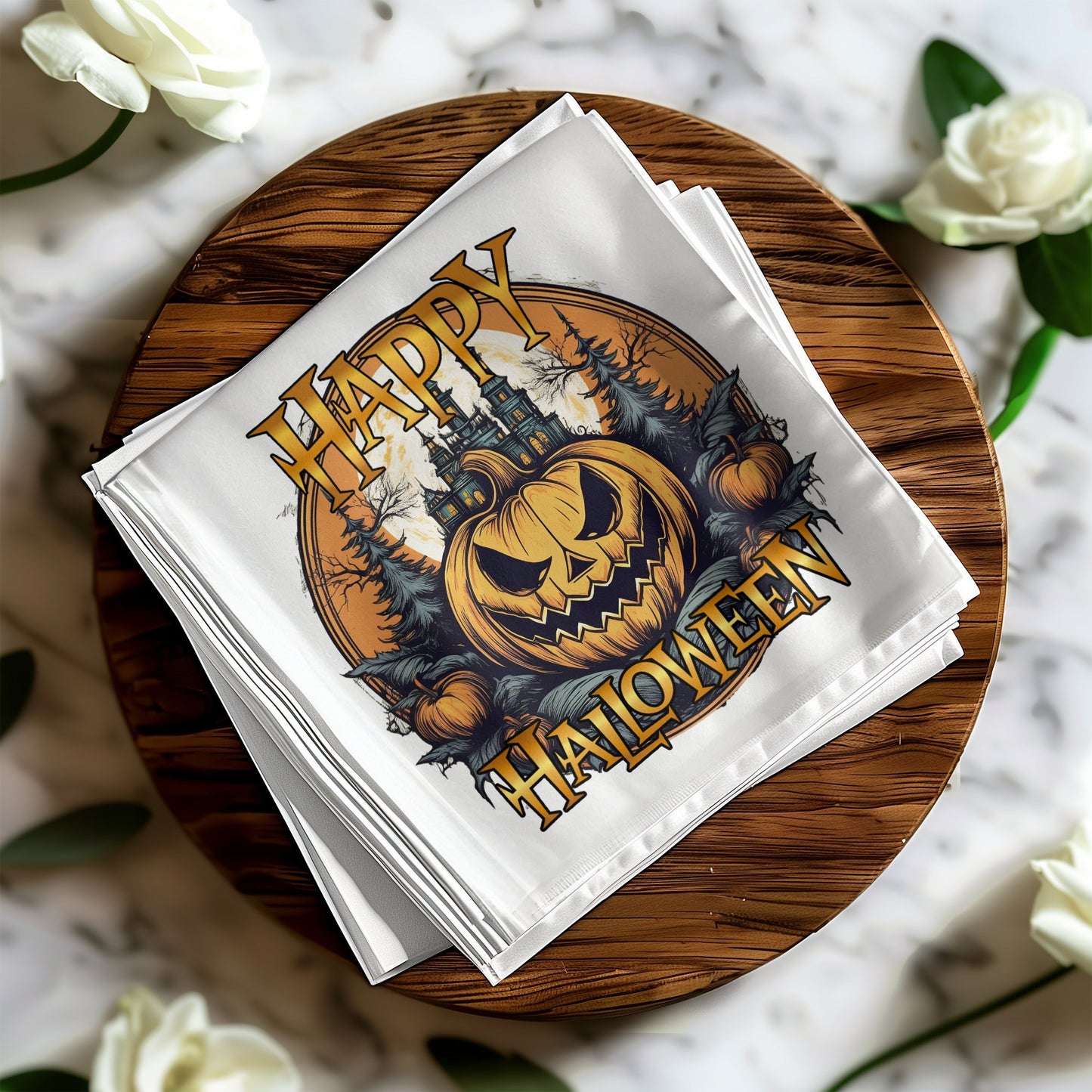 Add a touch of Halloween fun with these pumpkin-themed napkins, ideal for parties and seasonal events.