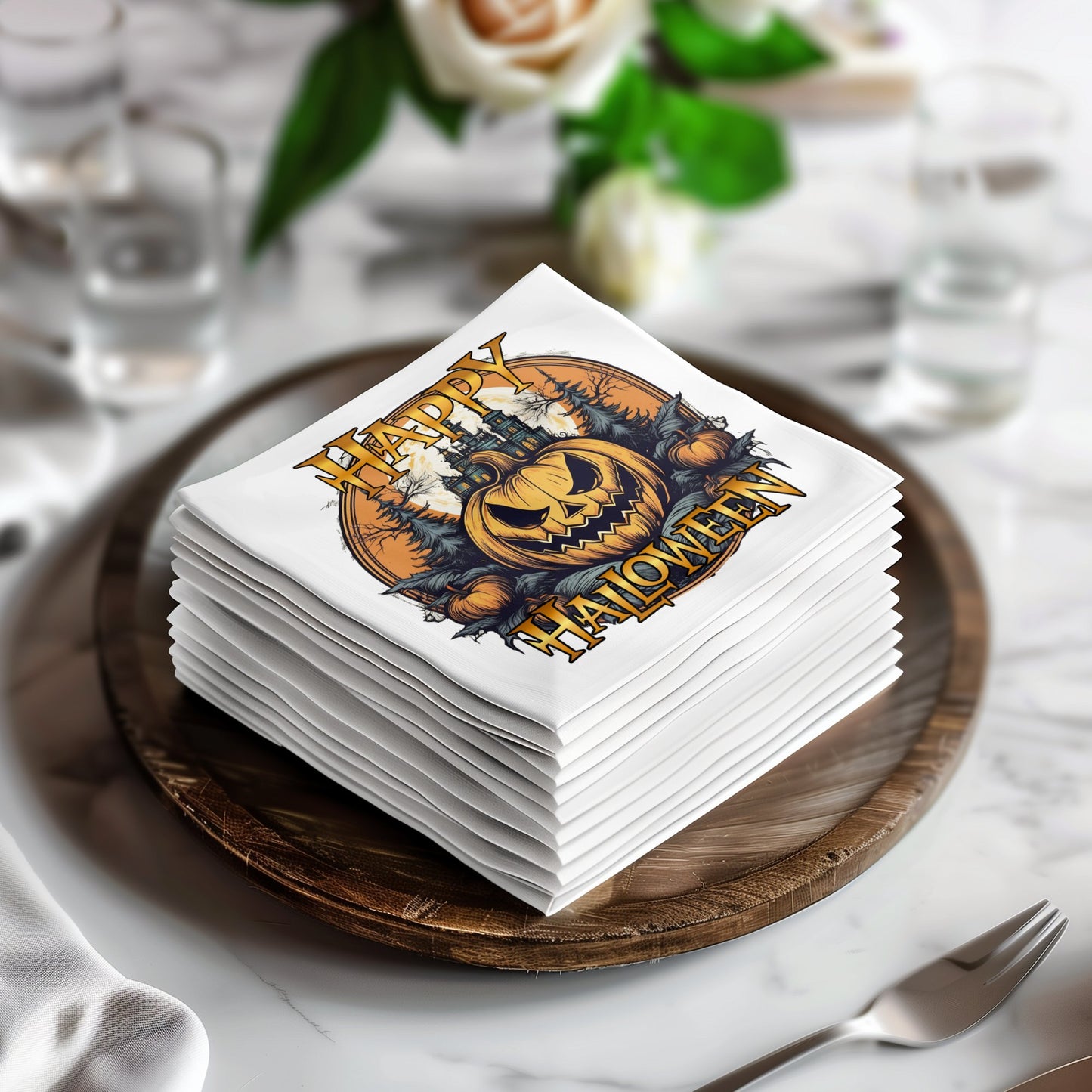 Halloween pumpkin napkins featuring a festive design, perfect for spooky celebrations and autumn gatherings.