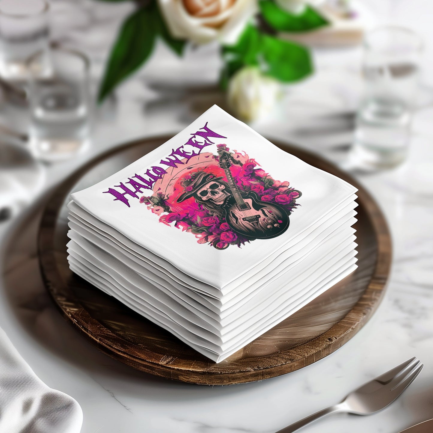 Halloween rock n roll napkins with edgy design, perfect for a spooky, music-themed party or event.