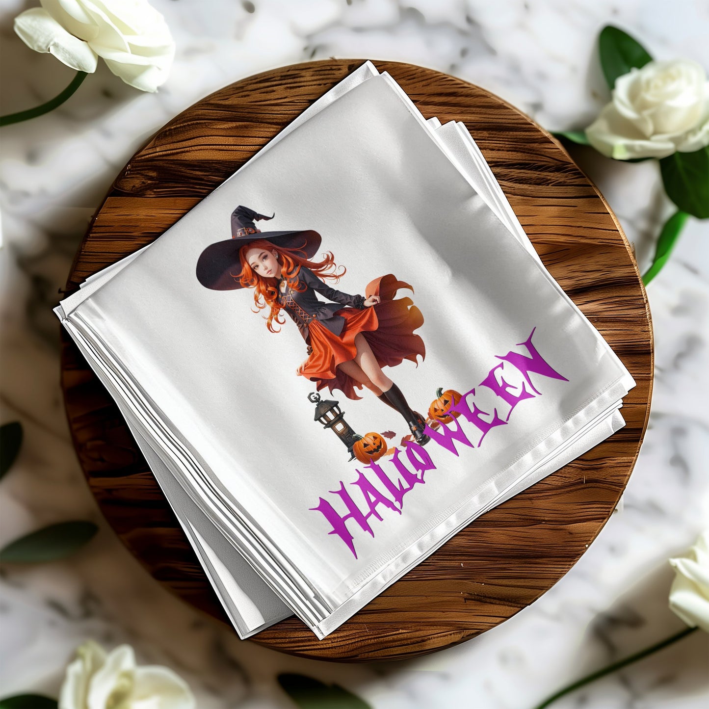 Celebrate Halloween with these witch and jack o lantern napkins, designed for a fun, eerie touch.