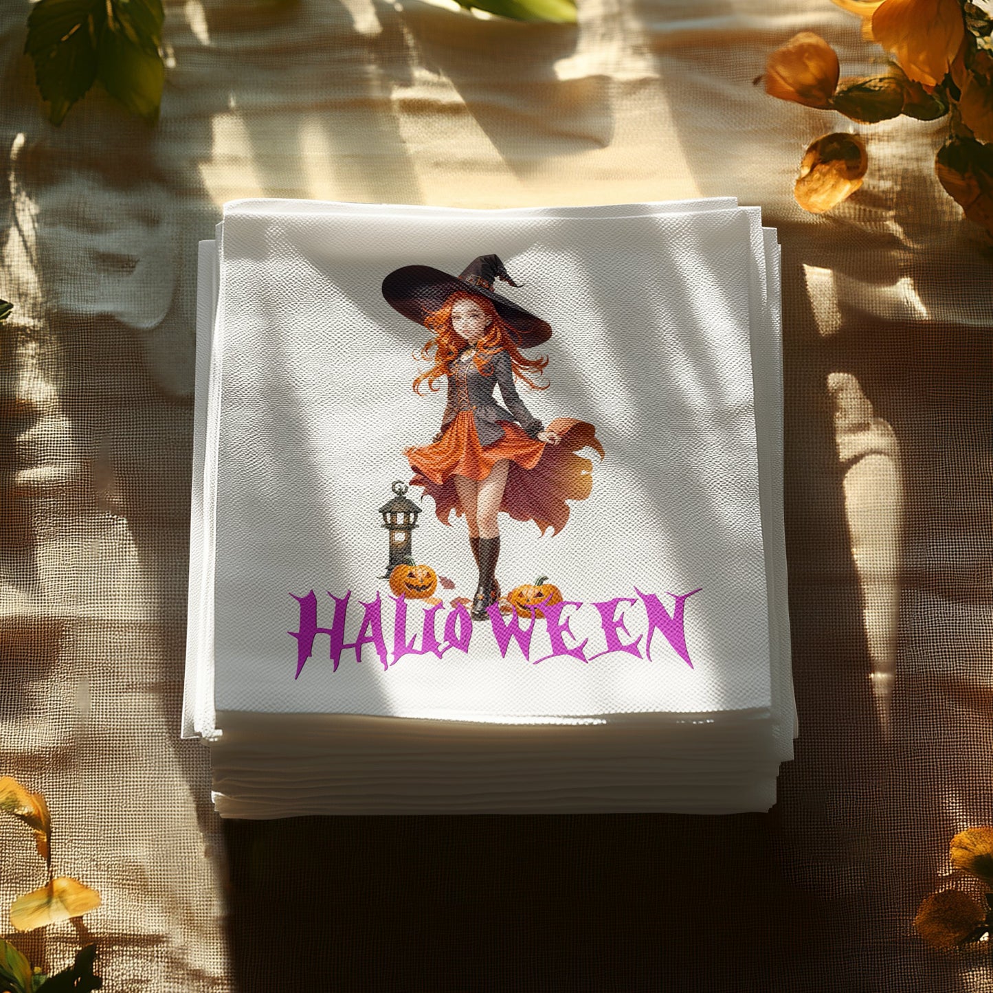 These Halloween witch jack o lantern napkins are perfect for your themed Halloween party or gathering.