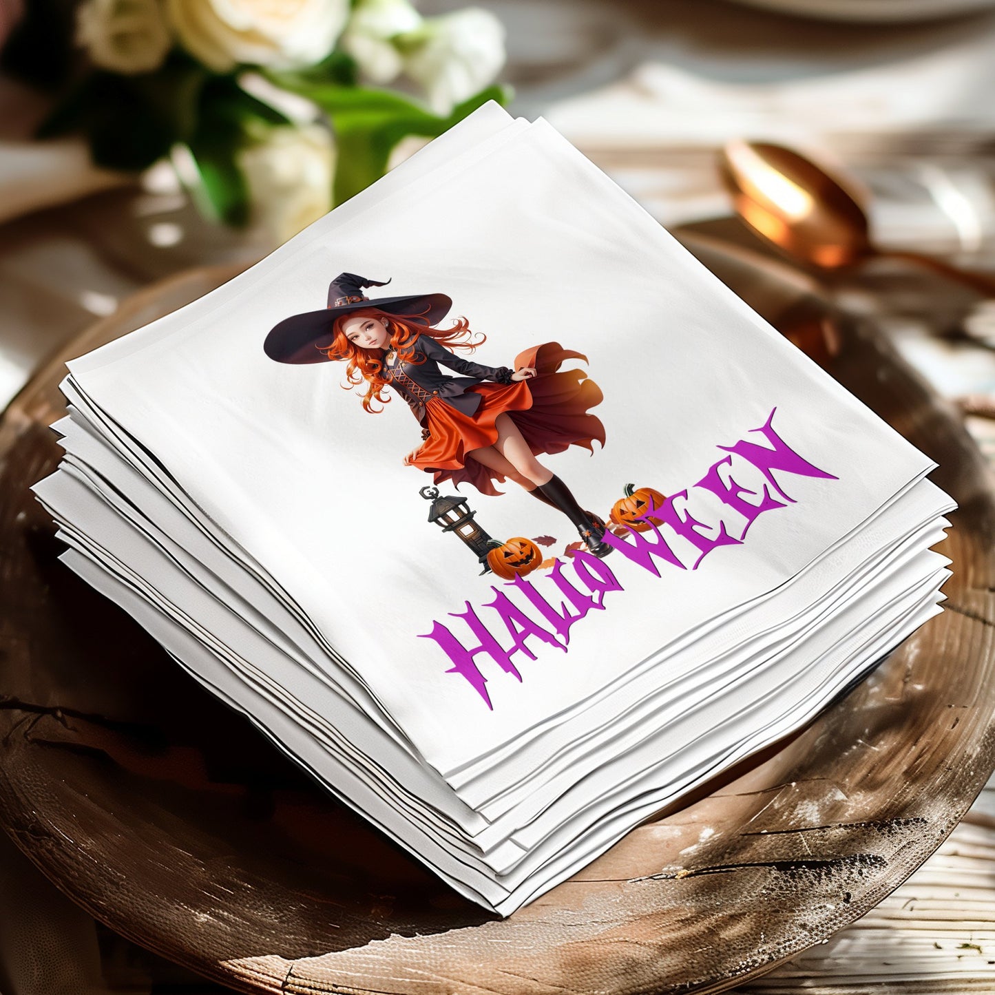 Witch and jack o lantern Halloween napkins to complete your table setting for a memorable spooky season.