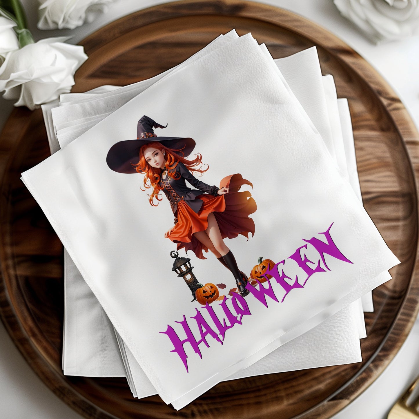 Halloween witch and jack o lantern napkins, designed to bring eerie charm to your Halloween party.