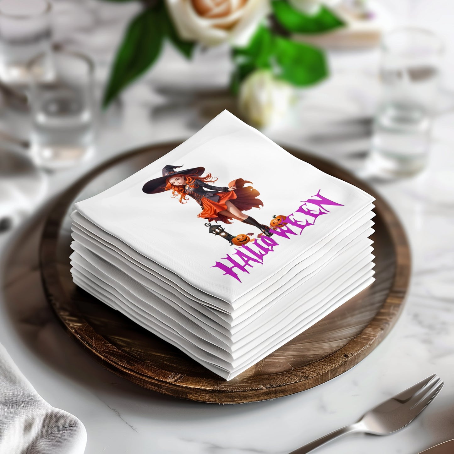 Halloween witch and jack o lantern napkins, perfect for adding spooky charm to your festive party table.