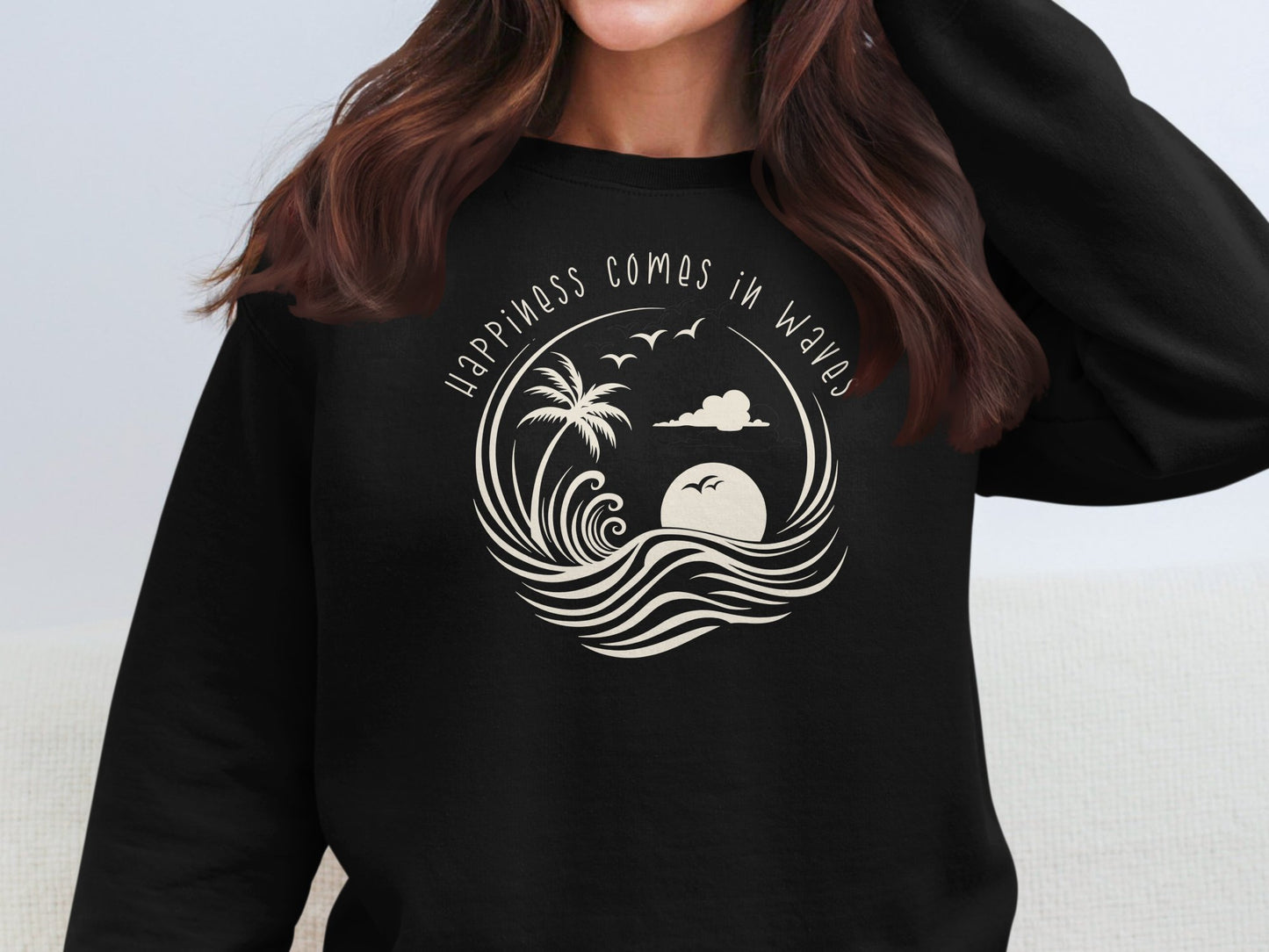 Black Happiness Comes In Waves Sweatshirt, unisex crew neck with cotton blend, seamless body, & relaxed fit for casual style.