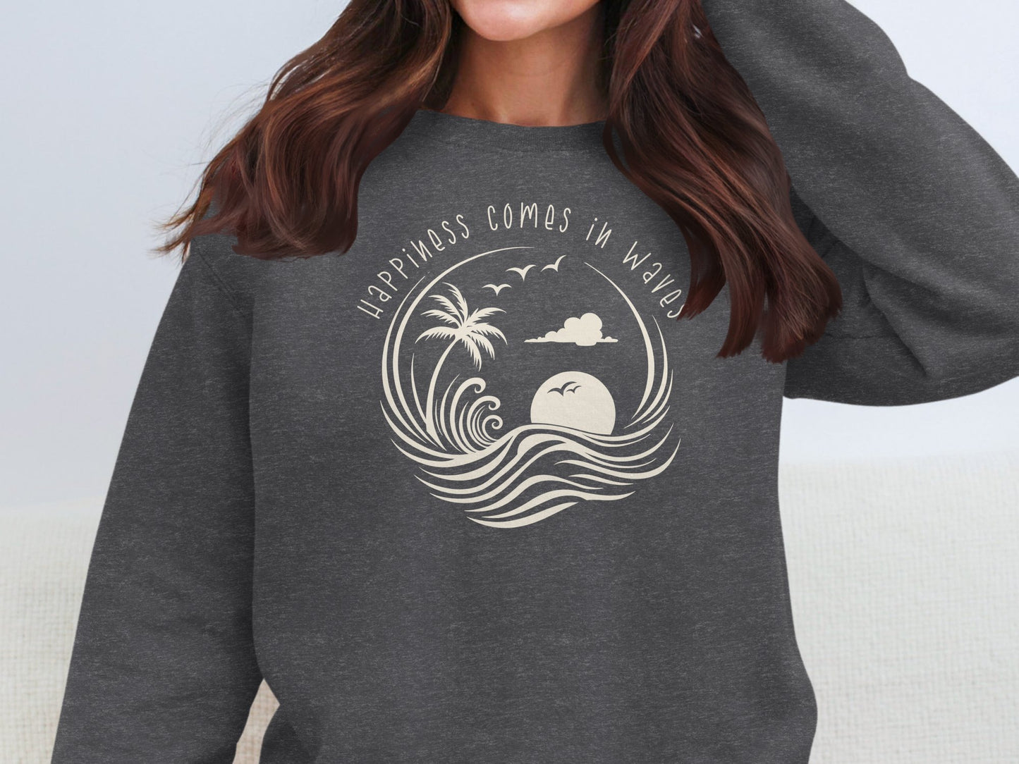 Dark Heather Happiness Comes In Waves Sweatshirt with cotton blend, crew neck, seamless body, & relaxed fit for comfort.