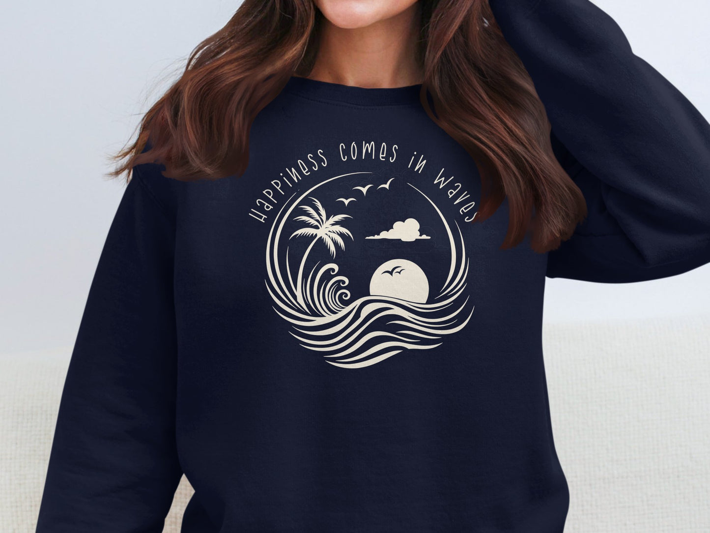 Navy Happiness Comes In Waves Sweatshirt, cotton blend with loose unisex fit, crew neck, & seamless body for comfort.