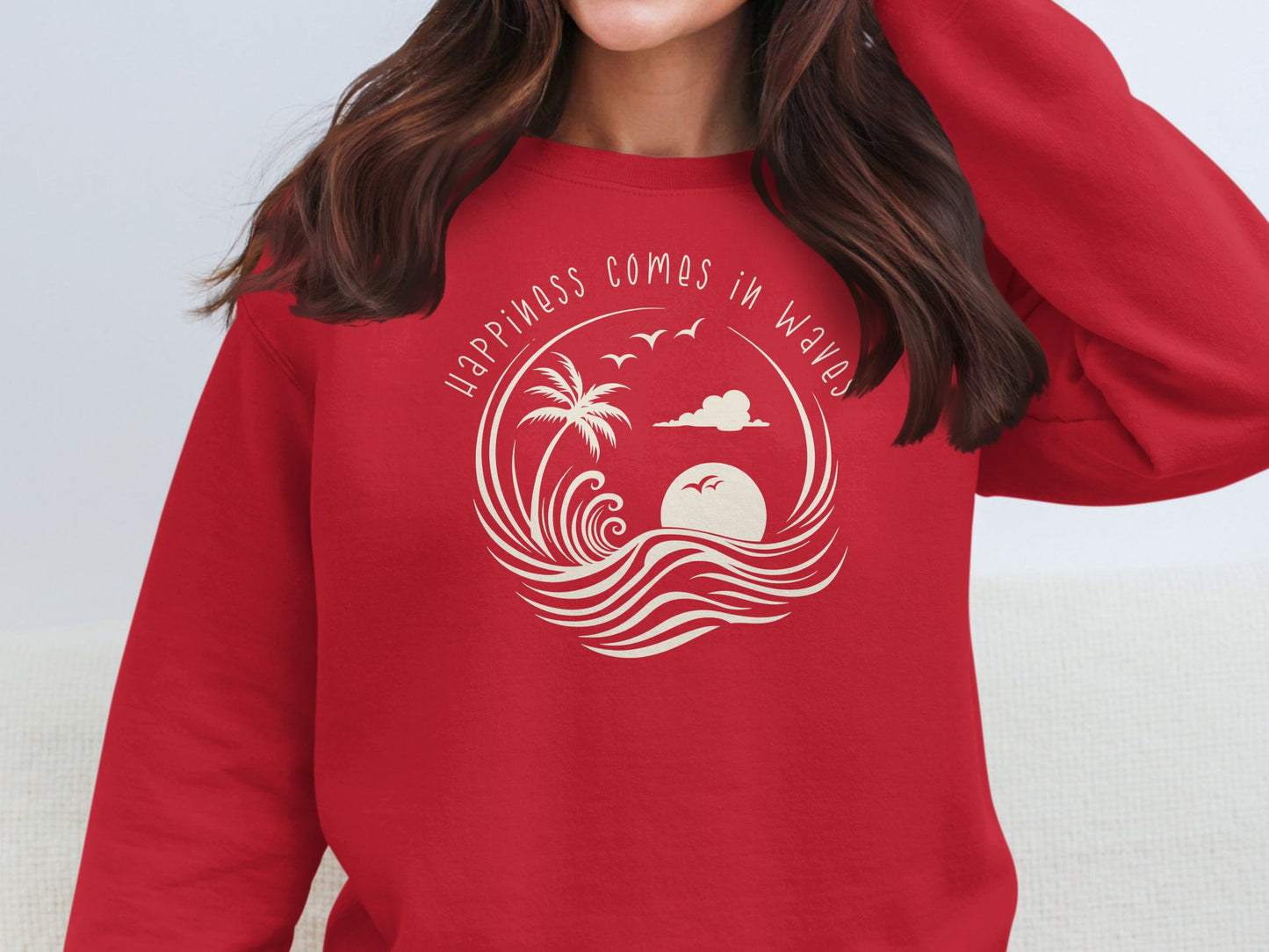 Red Happiness Comes In Waves Sweatshirt, unisex fit with seamless design, cotton blend fabric, & classic crew neckline.