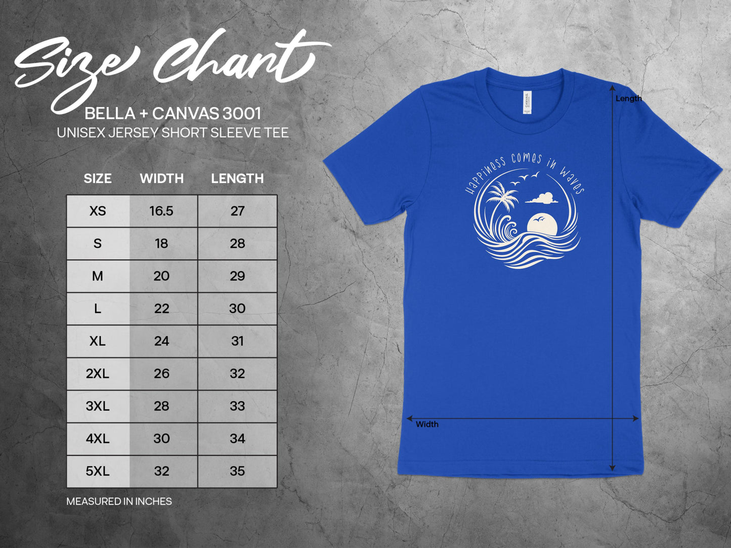 Size chart for Happiness Comes In Waves T-Shirt available in sizes S to 3XL to ensure the perfect fit