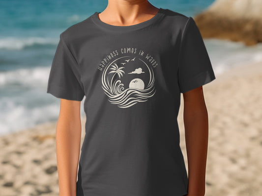 Happiness Comes In Waves T-Shirt in dark heather grey, comfortable cotton tee featuring an ocean wave graphic