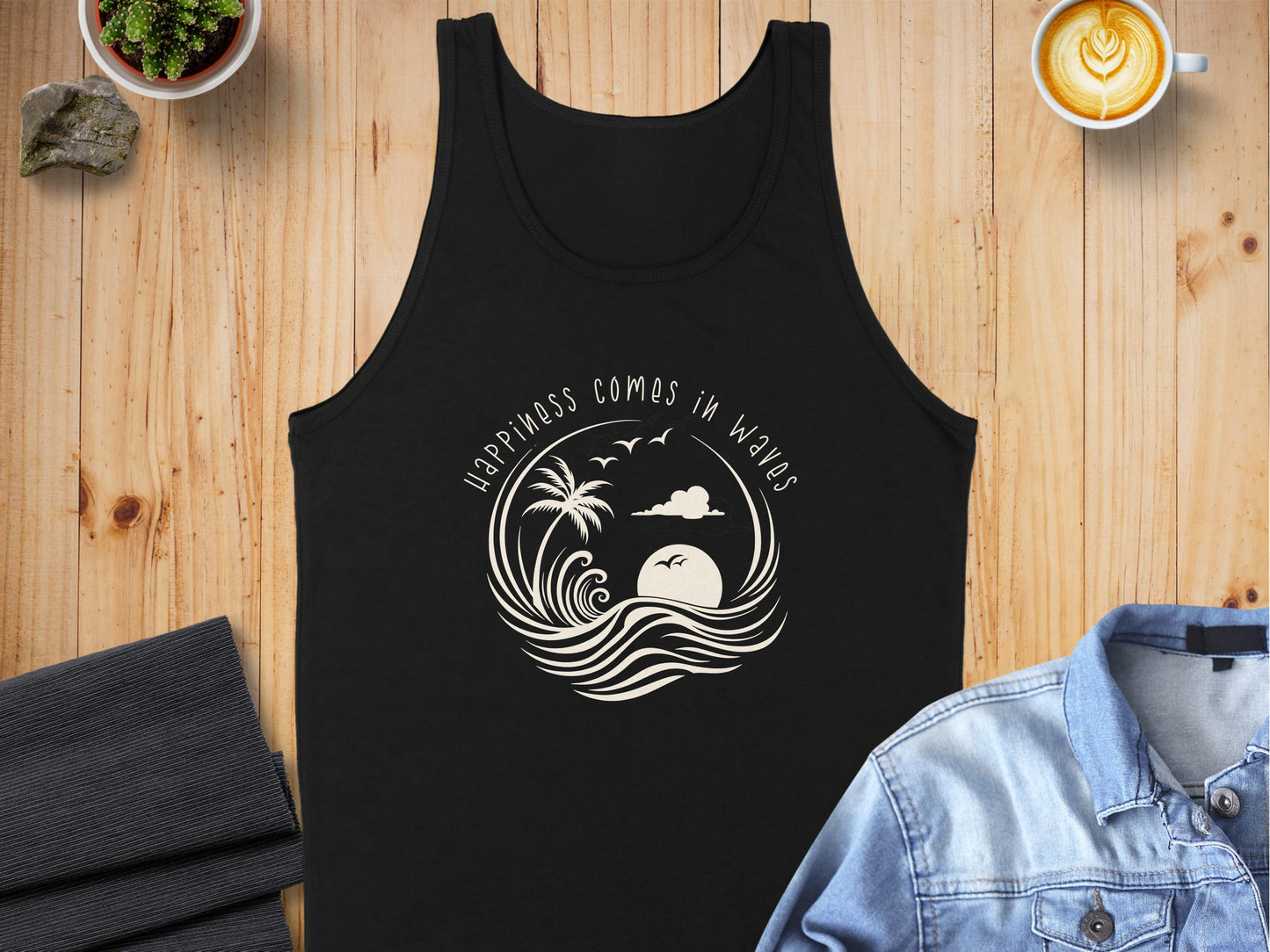 Black Happiness Comes in Waves Tank Top, sleeveless, scoop neck, unisex fit, with a positive graphic for an inspiring look.