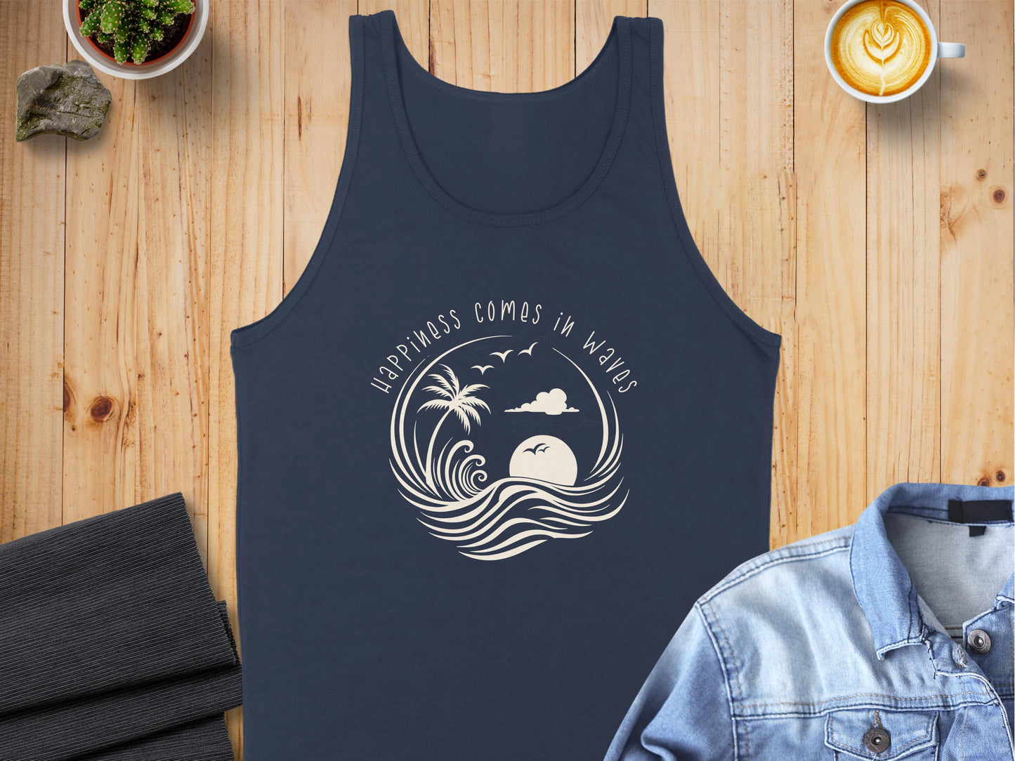 Navy Happiness Comes in Waves Tank Top, sleeveless with scoop neck, soft fabric, and a motivational graphic design.