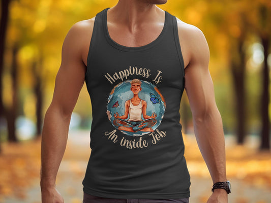 Black Happiness Is An Inside Job Tank Top, scoop neck, sleeveless design, cotton fabric, and unisex fit for laid-back wear.