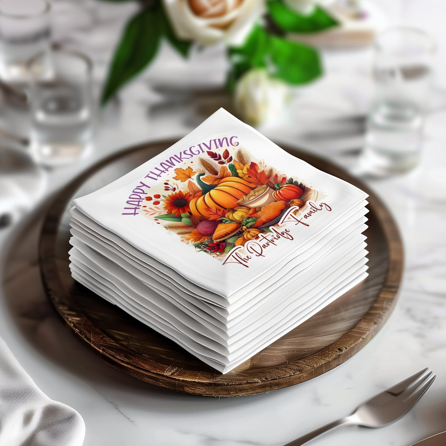 Thanksgiving napkins featuring a custom design, perfect for your fall gathering and dinner parties.