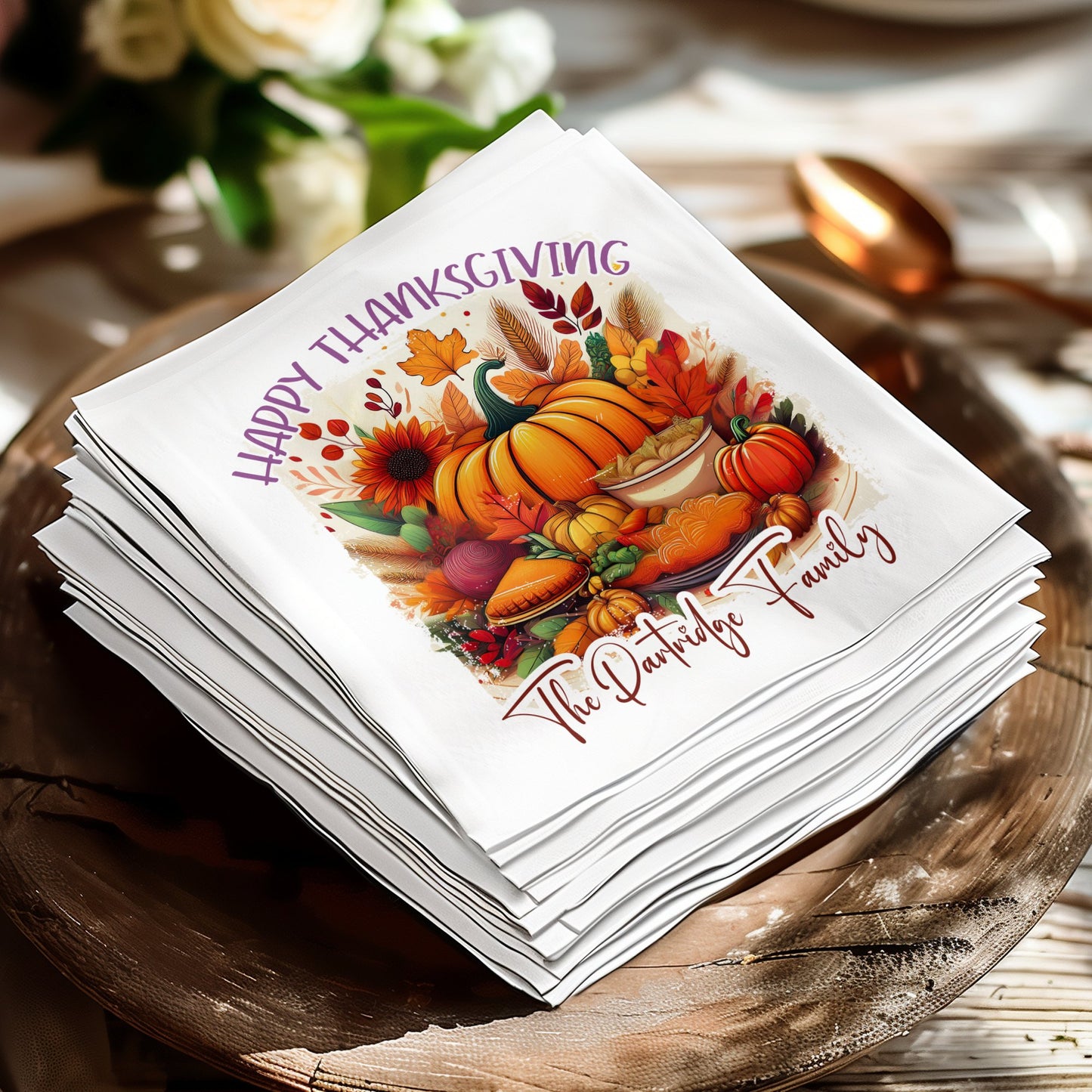 Festive custom Thanksgiving napkins, ideal for adding warmth and charm to your holiday dinner.