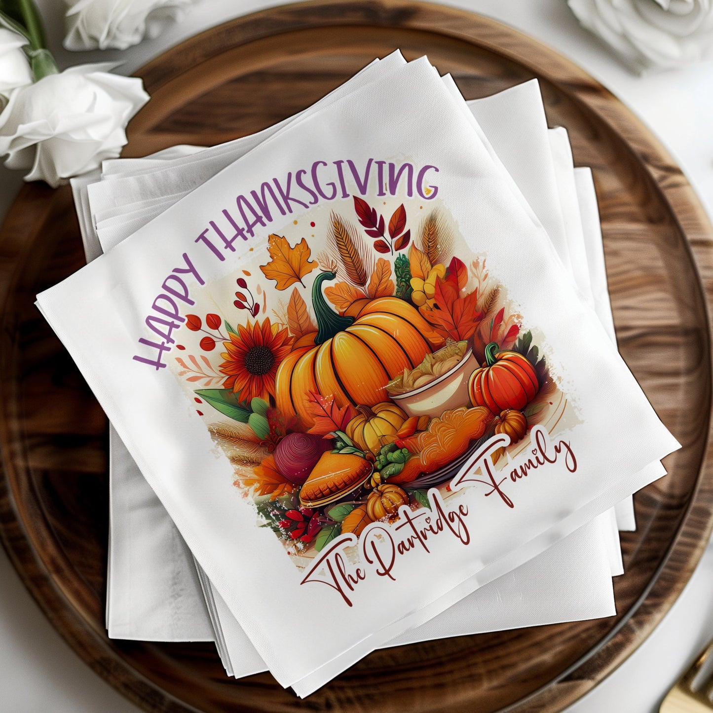 Custom Thanksgiving serviettes featuring a cheerful design to brighten up your table setting.