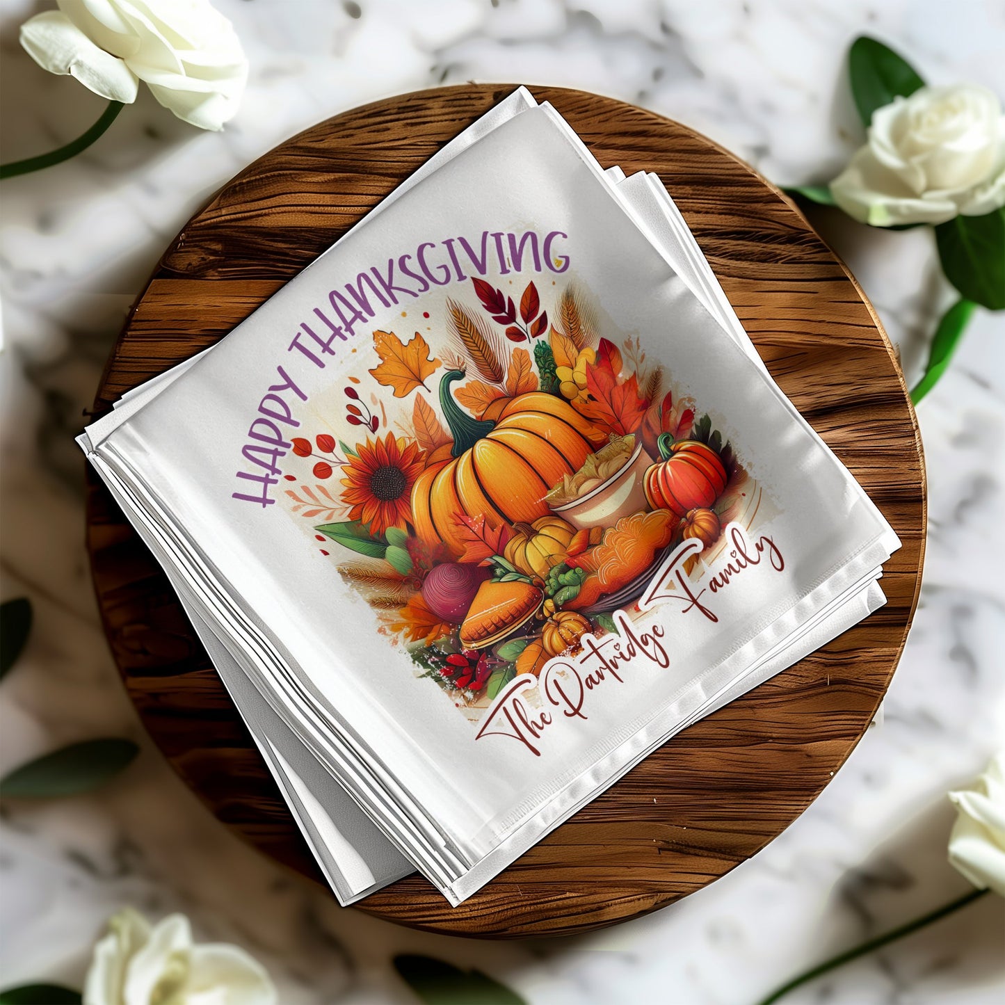 Happy Thanksgiving custom napkins with a festive design to elevate your dinner table setting.