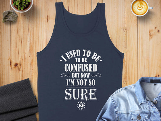 Navy I Used To Be Confused Tank Top, sleeveless with scoop neck, cotton fabric, and unisex sizing for laid-back style.