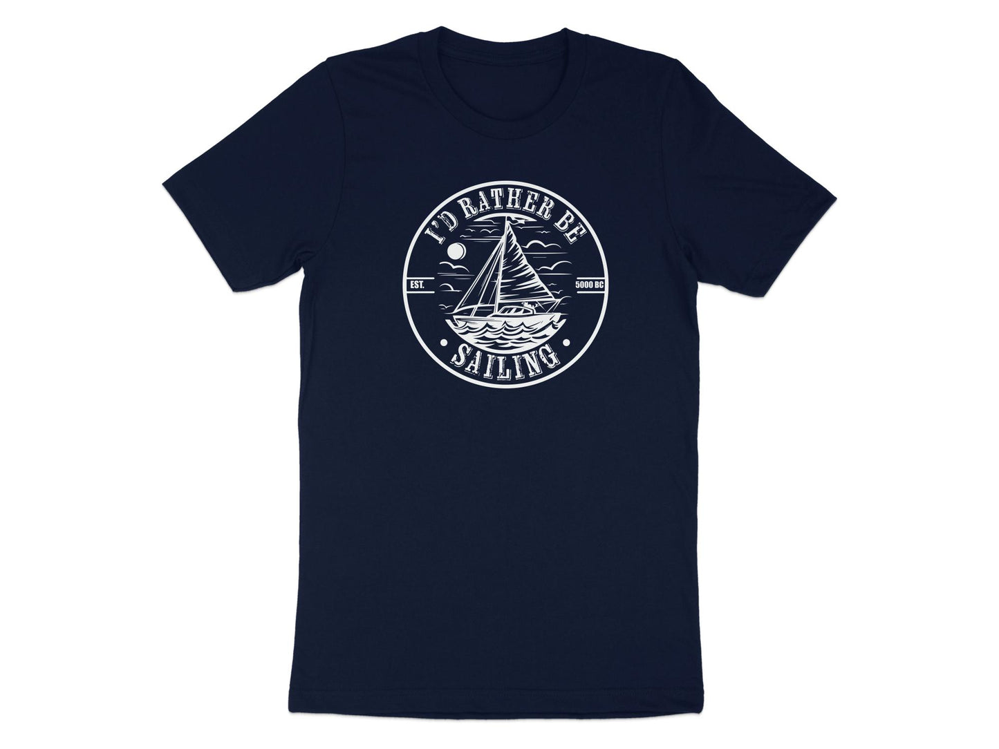 Navy sailing-themed tee with 'I'd Rather Be Sailing' print, comfortable and perfect for sea lovers.