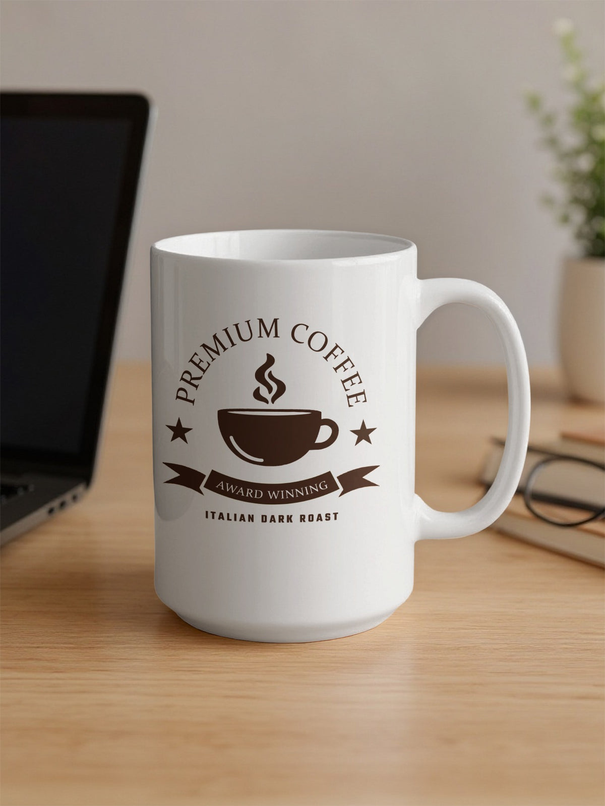 15oz white Italian Dark Roast Mug on an office desk featuring classic coffee badge artwork and dark brown detailing.