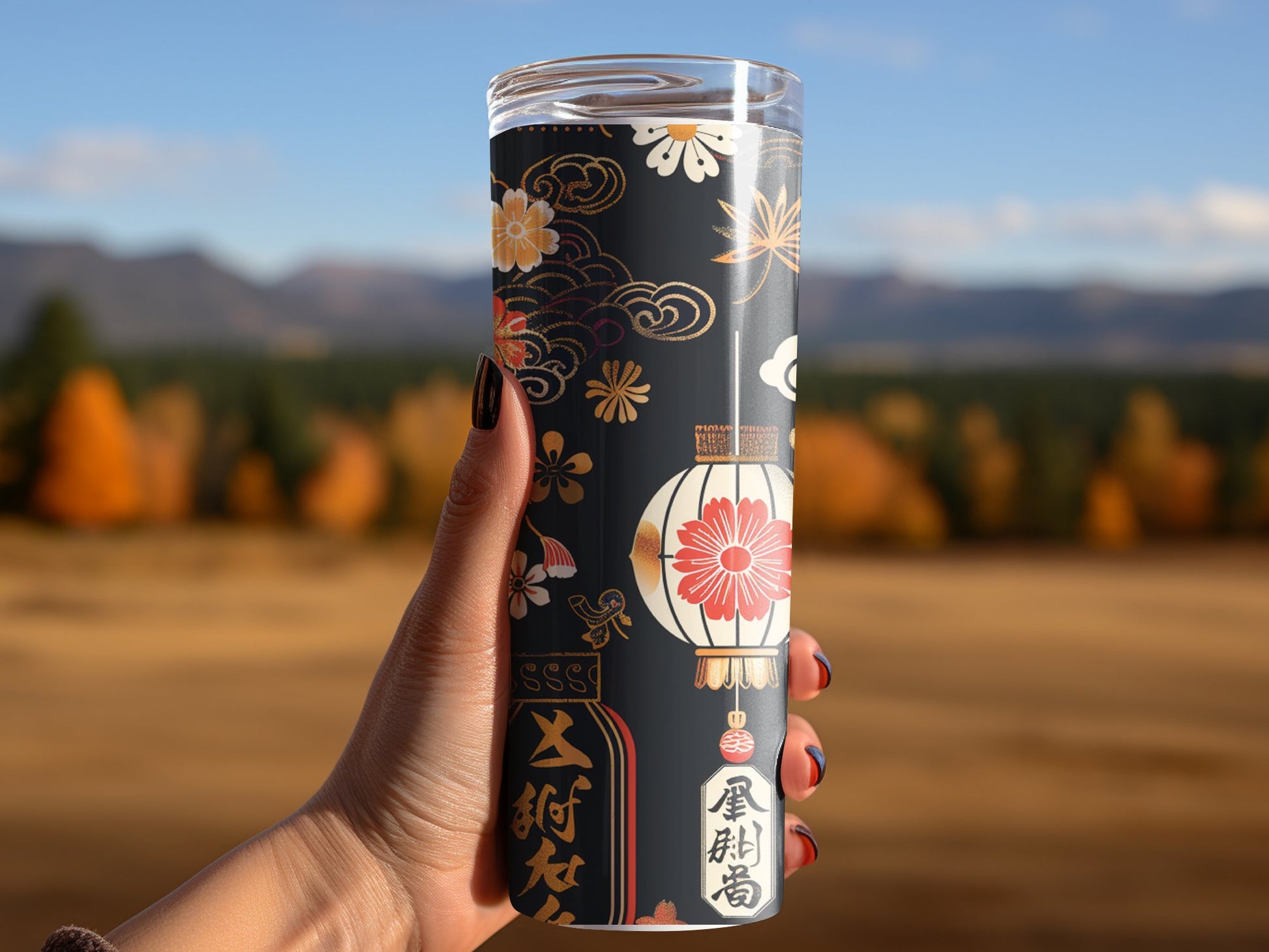Woman using Japanese lantern tumbler, insulated 20oz tumbler with unique lantern pattern for a peaceful vibe