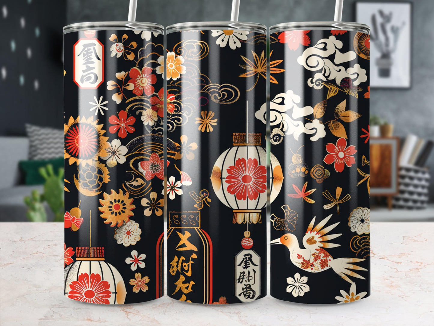 Japanese lantern tumbler on table, 20oz stainless steel with graceful lantern details and durable design