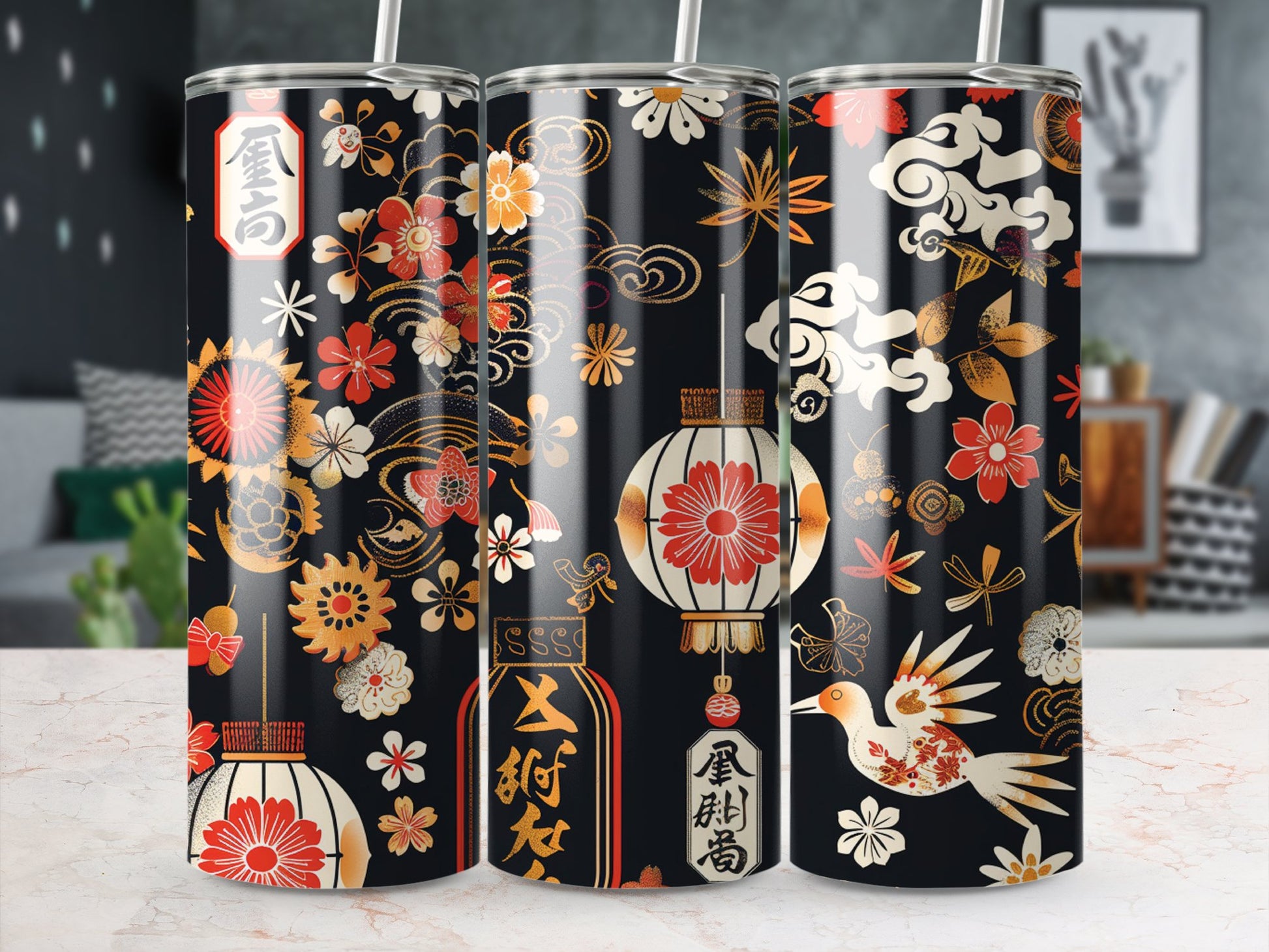 Japanese lantern tumbler on table, 20oz stainless steel with graceful lantern details and durable design