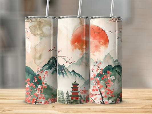 Japanese sunset tumbler with 20oz stainless steel body, featuring a serene sunset and landscape design for tranquil sipping