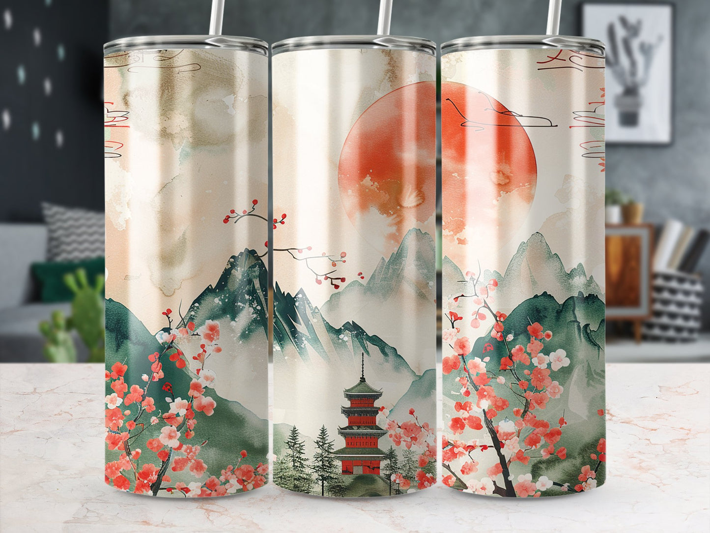 Japanese sunset tumbler on table, 20oz stainless steel with sunset-inspired colours and durable construction