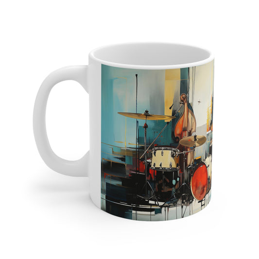Jazz music mug with 11oz ceramic body, featuring vibrant musical notes and instruments for music lovers