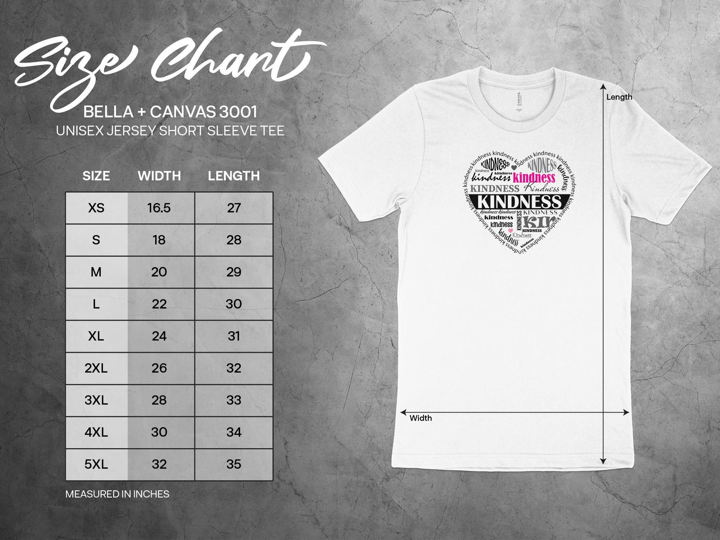 Size chart for Kindness Heart T-Shirt available in sizes small to 3XL for a perfect fit