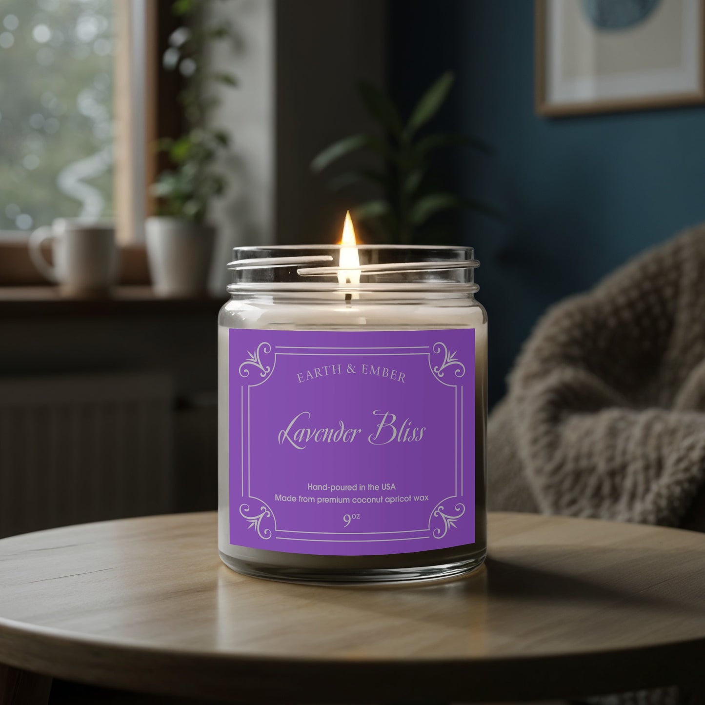 Lavender Bliss scented candle 9oz softly glowing to create calming, serene ambient lighting.