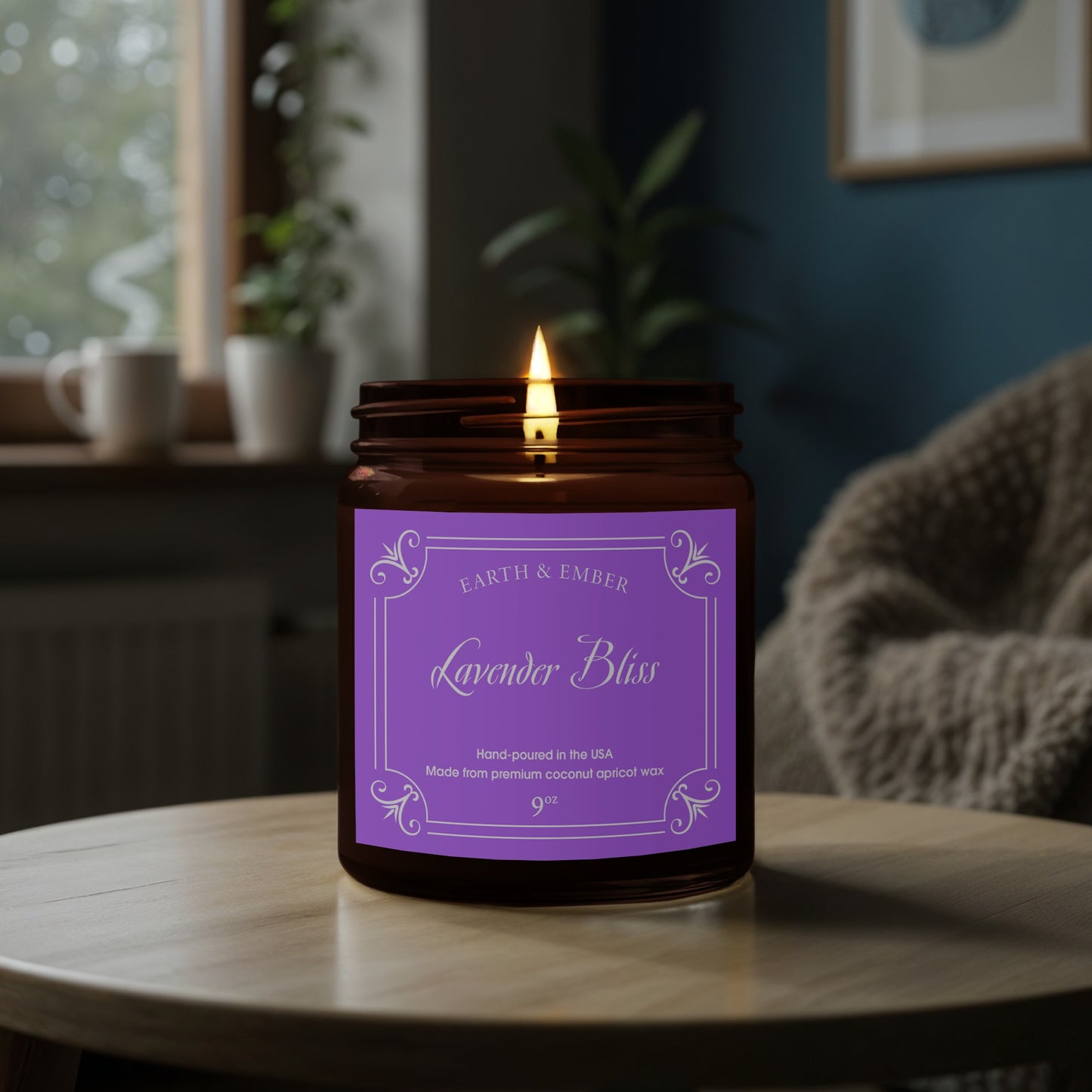 Close-up of Lavender Bliss scented candle wick and smooth wax showcasing floral fragrance.