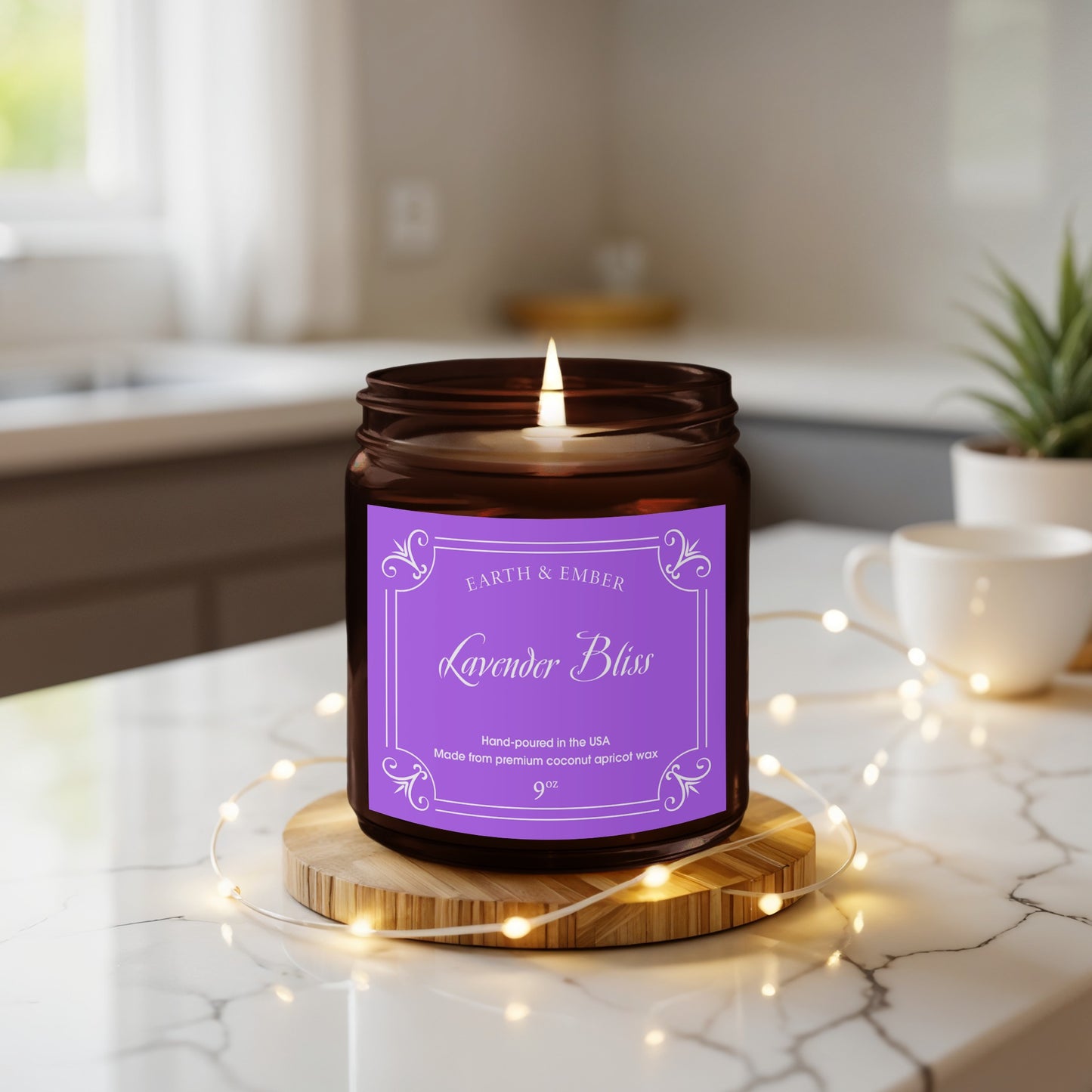 Lavender Bliss scented candle featured in modern lifestyle setting with trendy decor and natural accents.