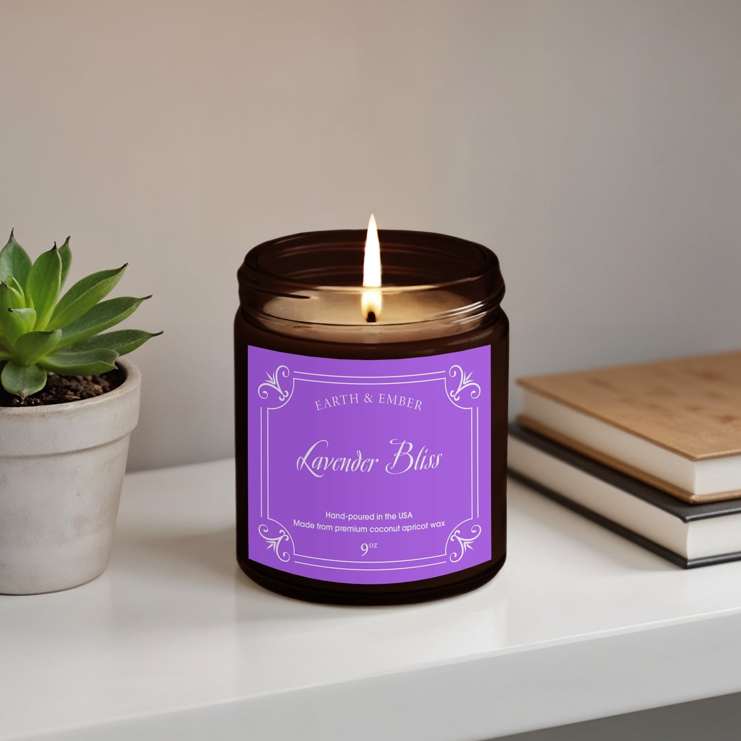 Lavender Bliss scented candle 9oz in elegant jar with calming lavender aroma and clean, long-lasting burn.
