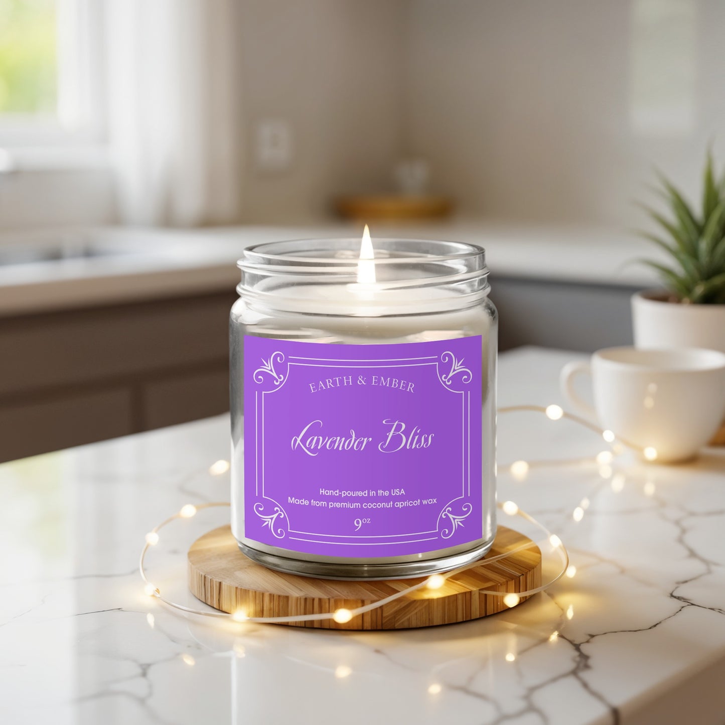 Lavender Bliss scented candle displayed with home decor for tranquil and aromatic atmosphere.