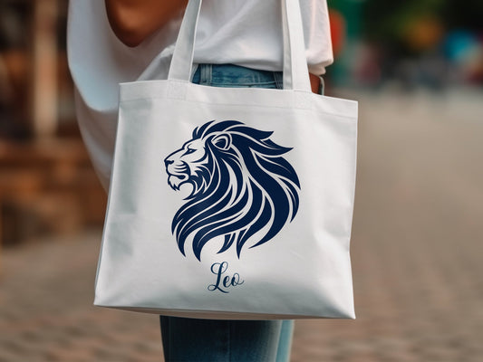 Leo cotton tote bag with bold celestial artwork and strong stitching for everyday use.