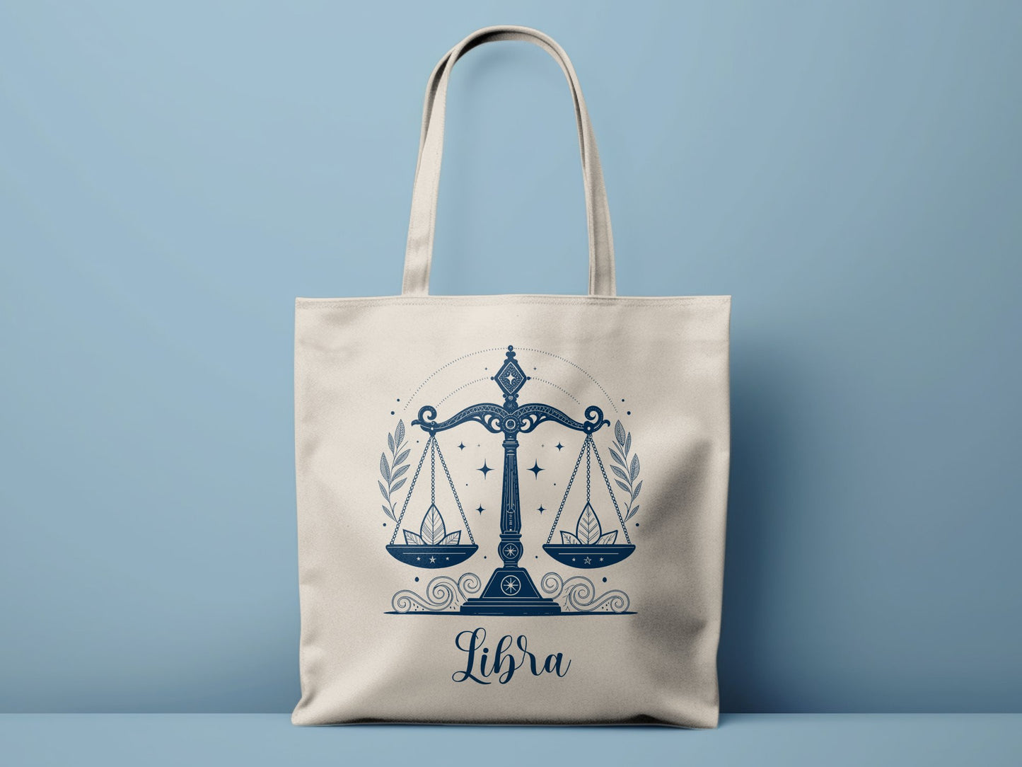 Astrology Libra cotton tote with graceful artwork and durable build.