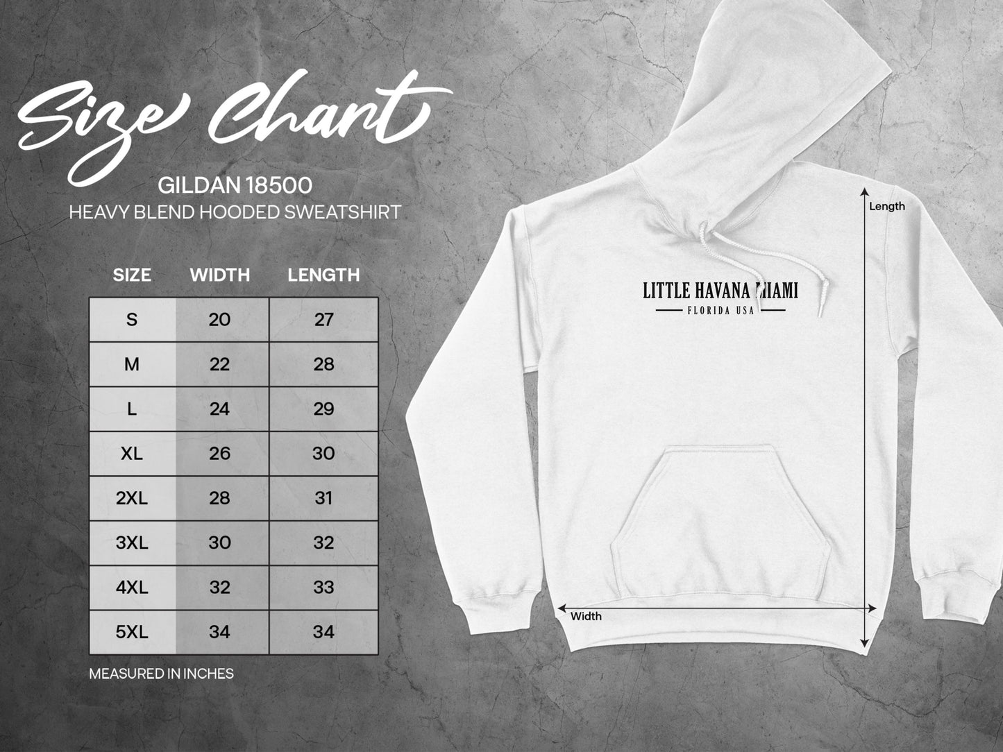 Little Havana Miami Hoodie size chart showing unisex measurements for chest, sleeve, and body length.