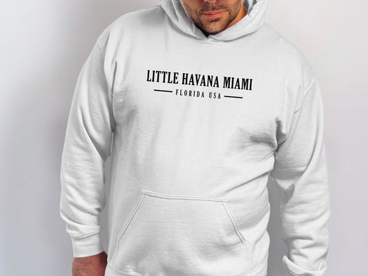 White Little Havana Miami Hoodie with printed design, cozy pullover cut, and long sleeve unisex fit for all-day wear.