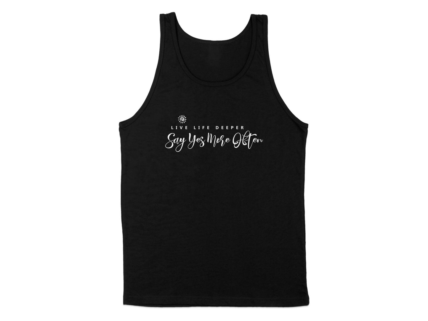 Black Live Life Deeper Tank Top, sleeveless with scoop neck, unisex fit, featuring an inspiring graphic for casual vibes.