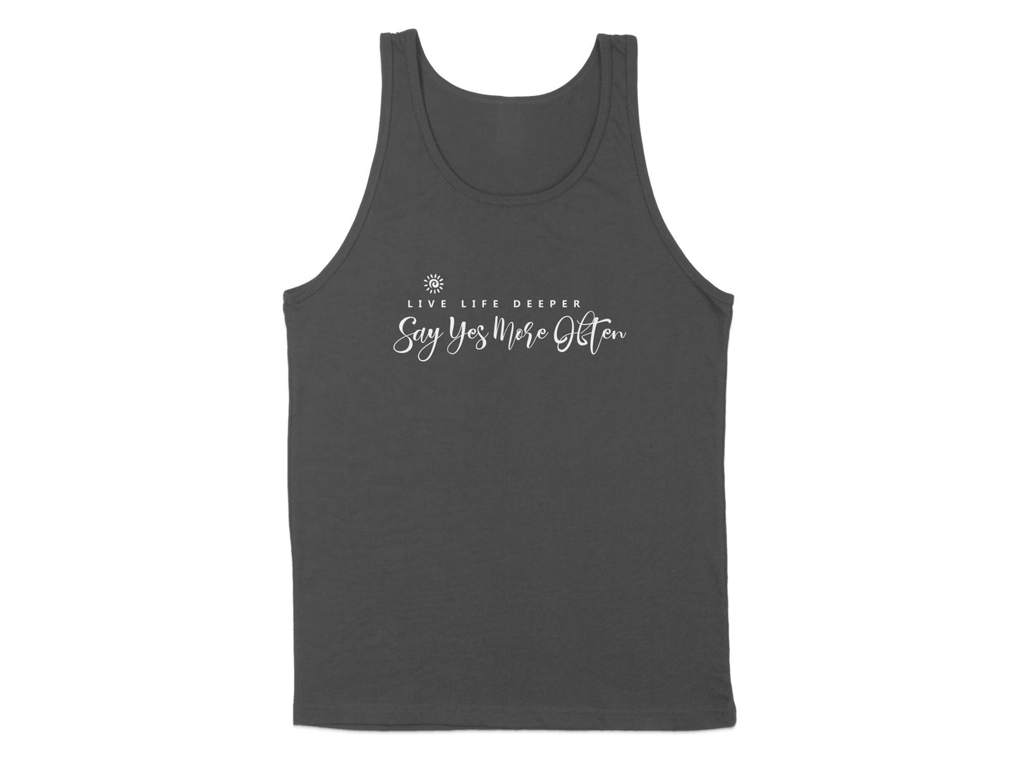 Charcoal Live Life Deeper Tank Top, sleeveless with scoop neck, unisex fit, featuring a deep message graphic for relaxation.