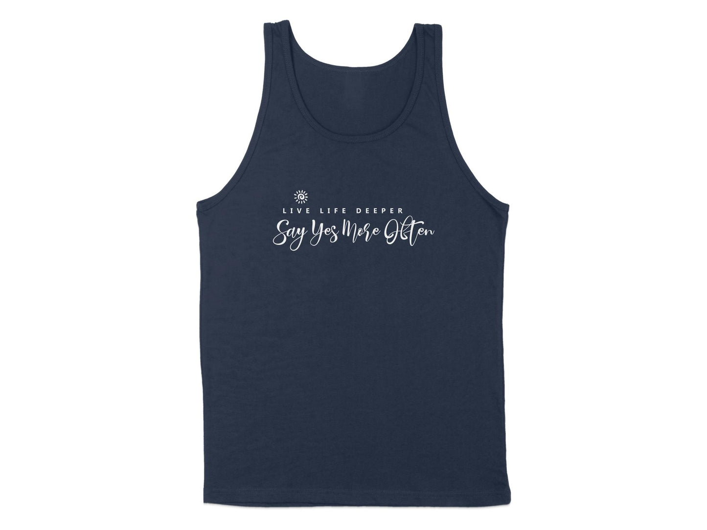 Navy Live Life Deeper Tank Top, sleeveless, scoop neck, soft fabric with an uplifting graphic for effortless style.