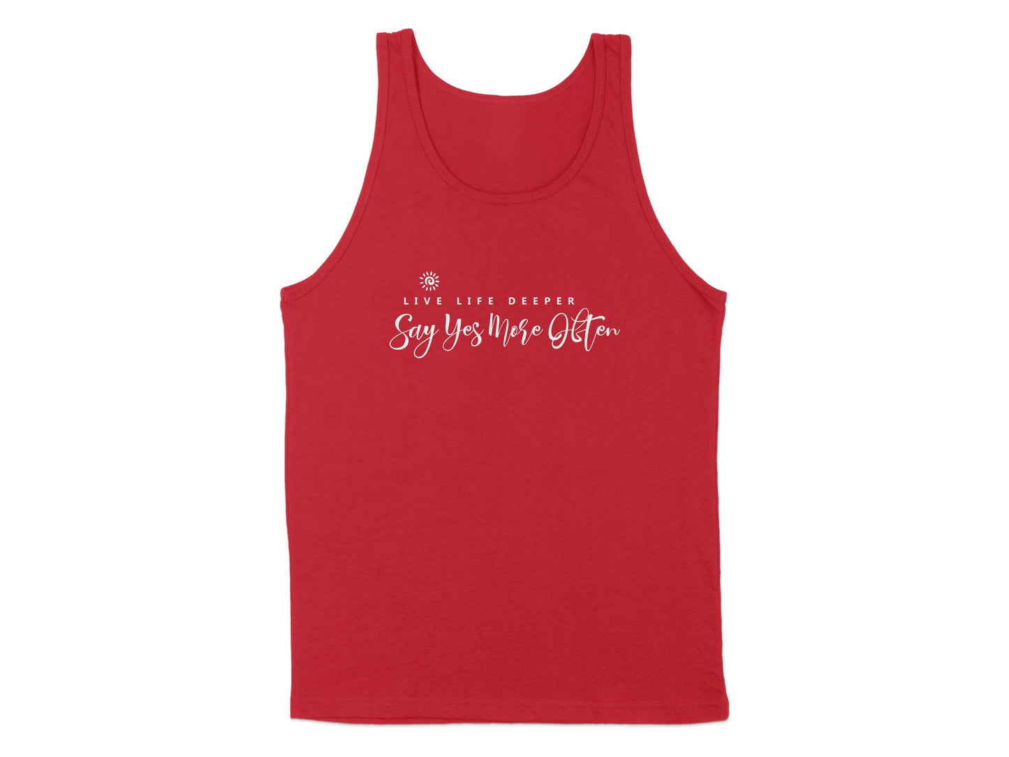 Red Live Life Deeper Tank Top, sleeveless, scoop neck, with an empowering graphic, perfect for a bold, relaxed look.