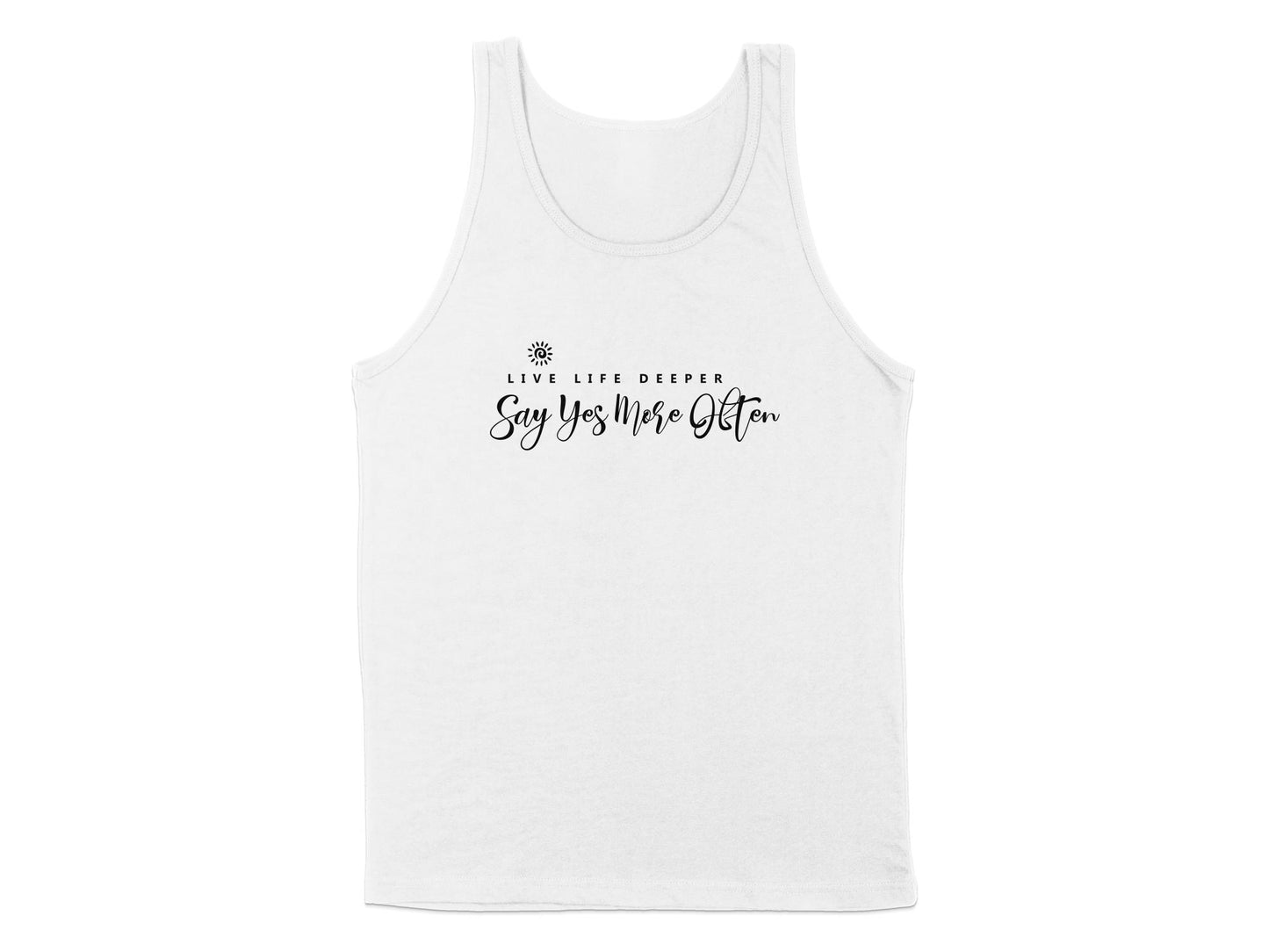 White Live Life Deeper Tank Top, sleeveless, scoop neck, unisex fit with a deep message graphic for positive energy.